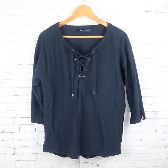 TOMMY HILFIGER BLUE 1/2 SLEEVE V NECK WITH LACE UP DETAIL COTTON TOP SIZE SMALL - Picture 1 of 11